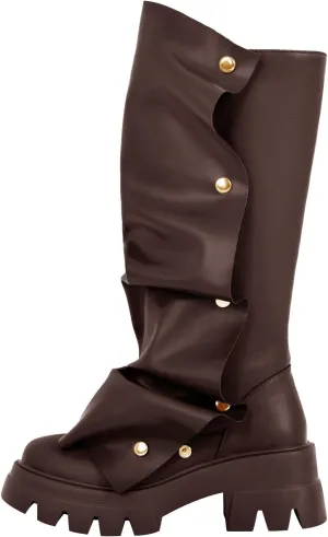 sexytag Women's Platform Slouchy Fold Over Boots Mid Calf Block Heel Round Toe Western Pull on Fashion Boot