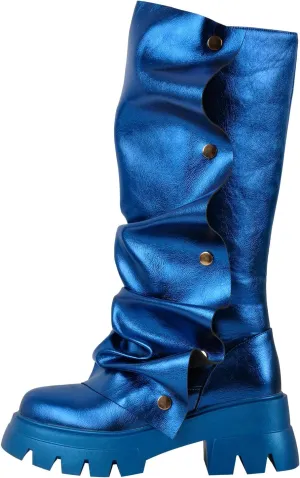 sexytag Women's Platform Slouchy Fold Over Boots Mid Calf Block Heel Round Toe Western Pull on Fashion Boot