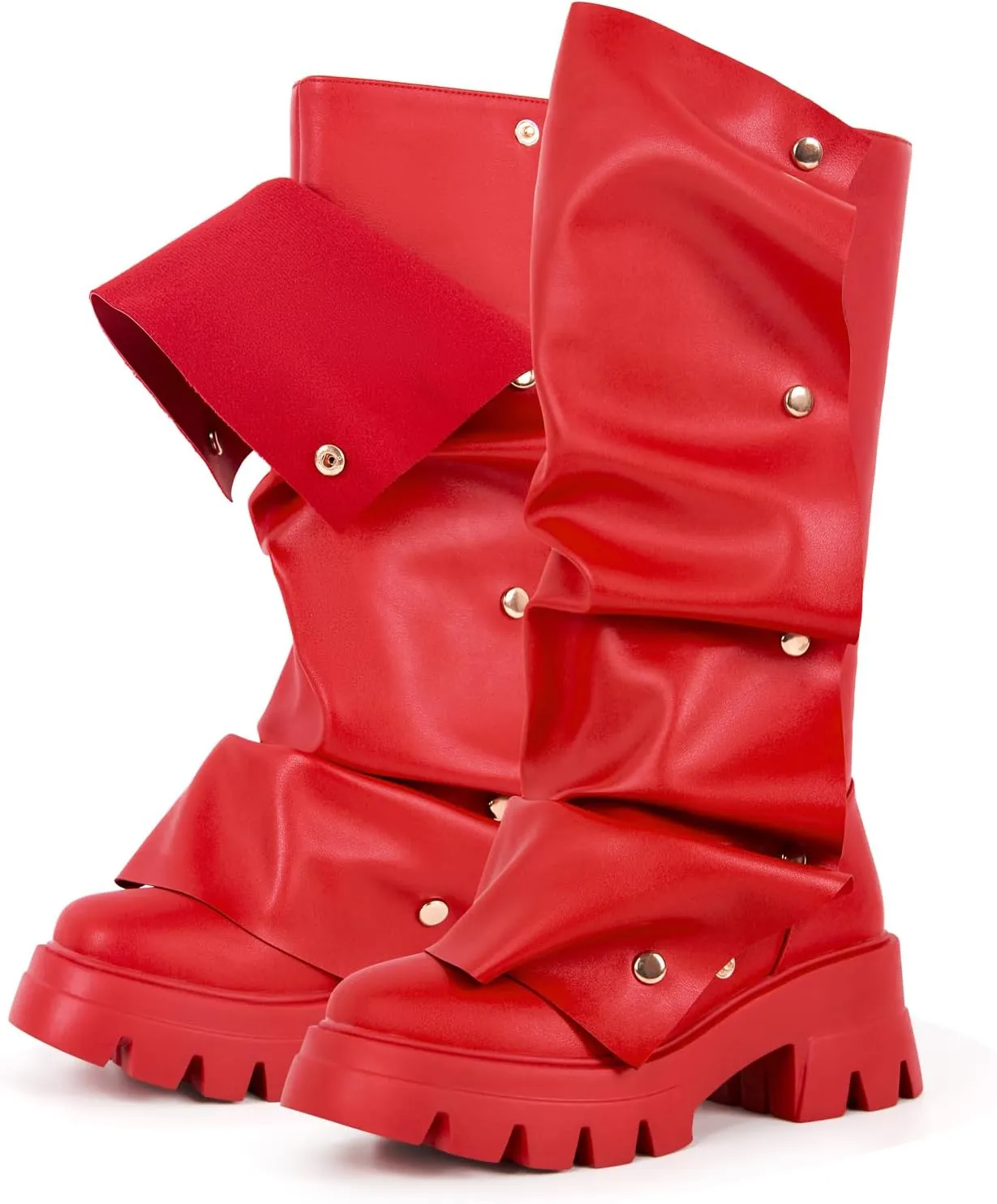 sexytag Women's Platform Slouchy Fold Over Boots Mid Calf Block Heel Round Toe Western Pull on Fashion Boot