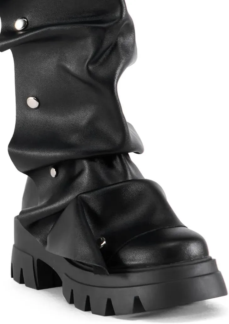 sexytag Women's Platform Slouchy Fold Over Boots Mid Calf Block Heel Round Toe Western Pull on Fashion Boot