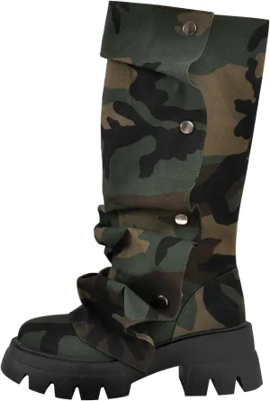 sexytag Women's Platform Slouchy Fold Over Boots Mid Calf Block Heel Round Toe Western Pull on Fashion Boot