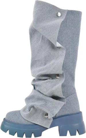 sexytag Women's Platform Slouchy Fold Over Boots Mid Calf Block Heel Round Toe Western Pull on Fashion Boot