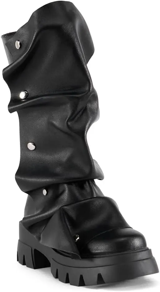 sexytag Women's Platform Slouchy Fold Over Boots Mid Calf Block Heel Round Toe Western Pull on Fashion Boot