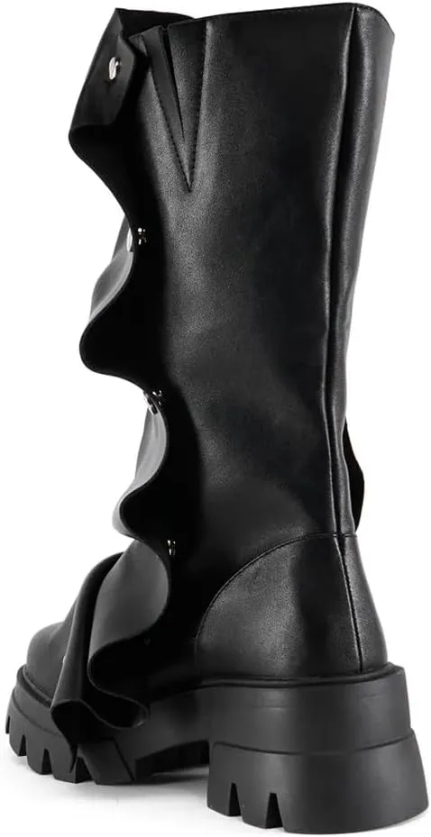 sexytag Women's Platform Slouchy Fold Over Boots Mid Calf Block Heel Round Toe Western Pull on Fashion Boot