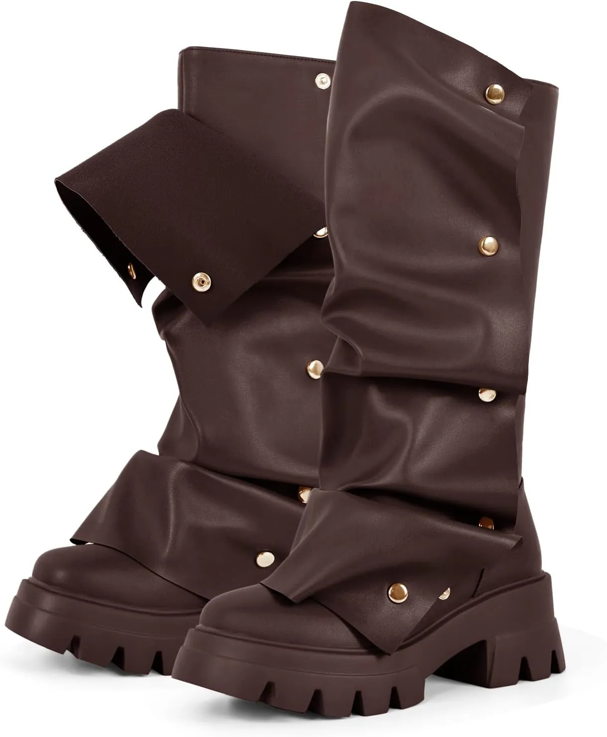 sexytag Women's Platform Slouchy Fold Over Boots Mid Calf Block Heel Round Toe Western Pull on Fashion Boot