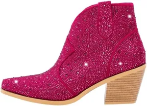sexytag Women's Rhinestone Western Sparkly Cowboy Chelsea Boots Chunky Low Heel Pointed Toe Pull-On Short Ankle Booties