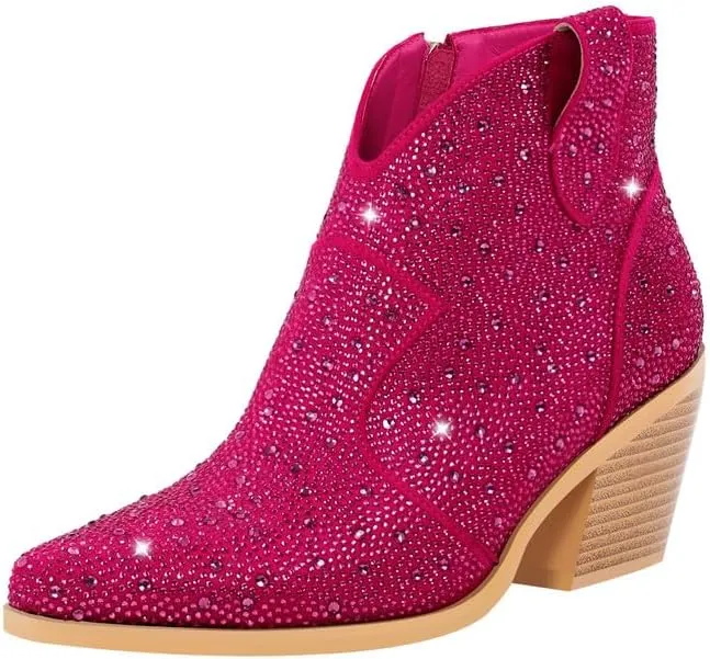 sexytag Women's Rhinestone Western Sparkly Cowboy Chelsea Boots Chunky Low Heel Pointed Toe Pull-On Short Ankle Booties