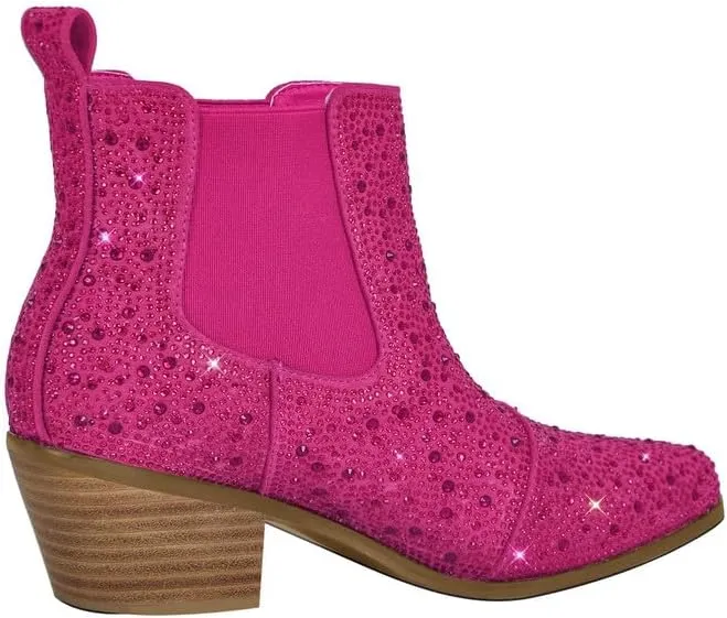 sexytag Women's Rhinestone Western Sparkly Cowboy Chelsea Boots Chunky Low Heel Pointed Toe Pull-On Short Ankle Booties