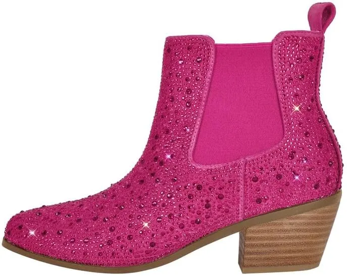 sexytag Women's Rhinestone Western Sparkly Cowboy Chelsea Boots Chunky Low Heel Pointed Toe Pull-On Short Ankle Booties