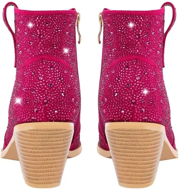 sexytag Women's Rhinestone Western Sparkly Cowboy Chelsea Boots Chunky Low Heel Pointed Toe Pull-On Short Ankle Booties