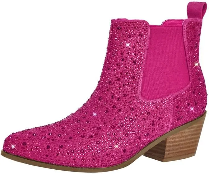 sexytag Women's Rhinestone Western Sparkly Cowboy Chelsea Boots Chunky Low Heel Pointed Toe Pull-On Short Ankle Booties