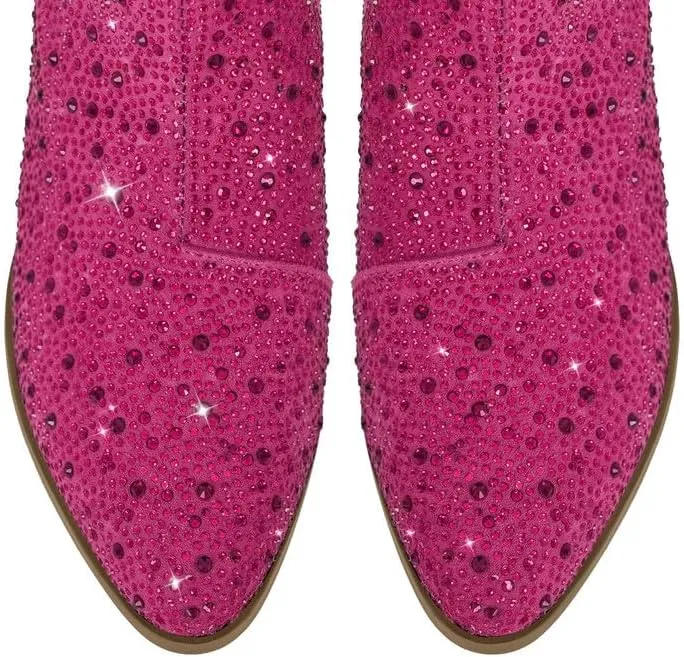 sexytag Women's Rhinestone Western Sparkly Cowboy Chelsea Boots Chunky Low Heel Pointed Toe Pull-On Short Ankle Booties
