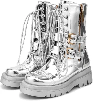 sexytag Women's Riding Combat Boots Silver Lace up Mid Calf Boots Platform Military Motorcycle Ankle Boots Buckle Zipper Chunky Heel Metallic Leather Short Booties