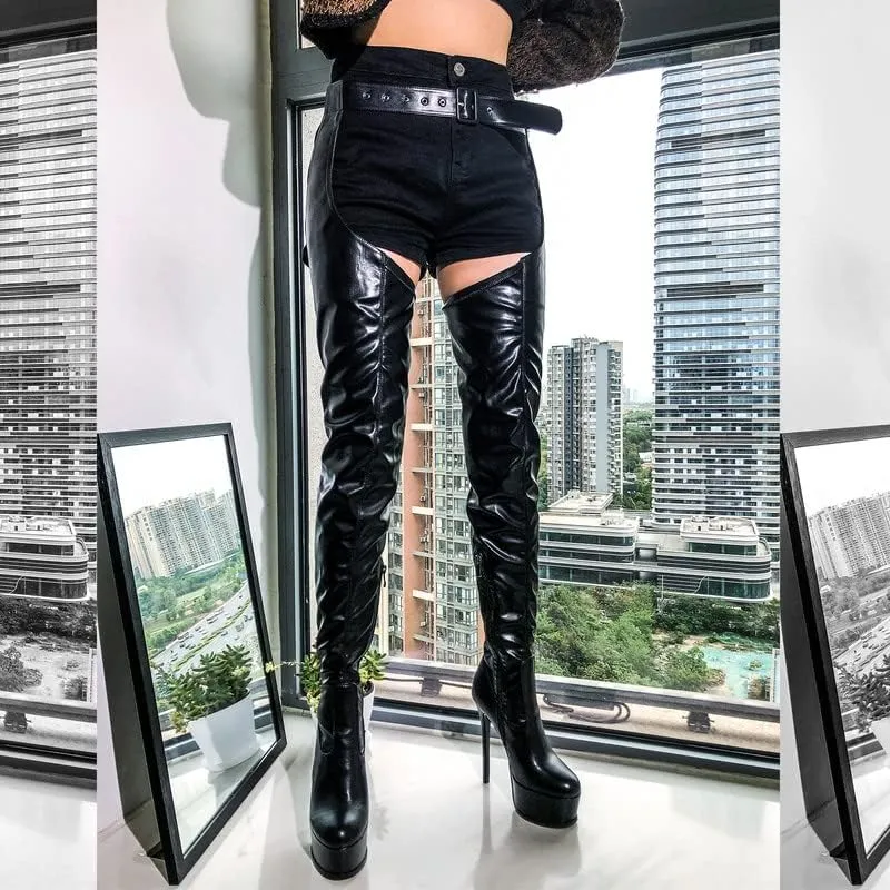 sexytag Women's Sexy Thigh High Boots Belted Platform Fashion Over The Knee Stiletto Heels Long Boots