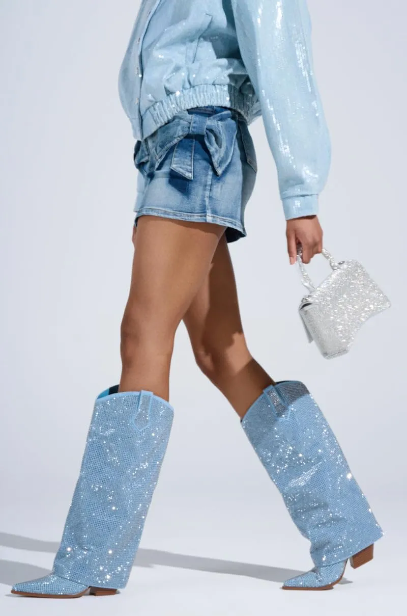 sexytag Women's Sparkly Rhinestone Cowboy Western Denim Boots Knee High Pointed Toe Pull-On Jean Boots