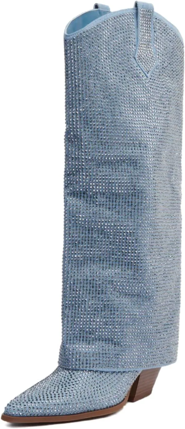 sexytag Women's Sparkly Rhinestone Cowboy Western Denim Boots Knee High Pointed Toe Pull-On Jean Boots