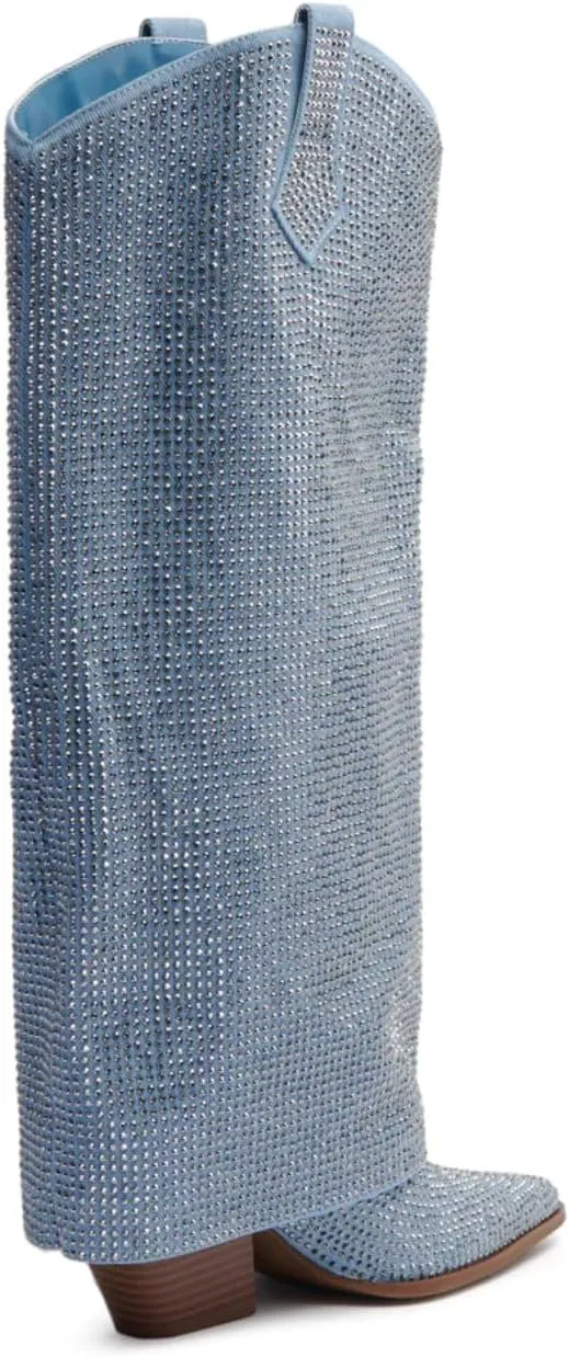 sexytag Women's Sparkly Rhinestone Cowboy Western Denim Boots Knee High Pointed Toe Pull-On Jean Boots