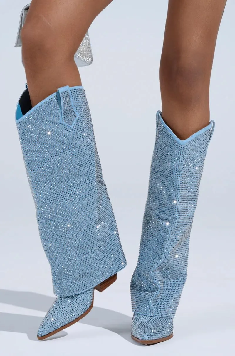 sexytag Women's Sparkly Rhinestone Cowboy Western Denim Boots Knee High Pointed Toe Pull-On Jean Boots