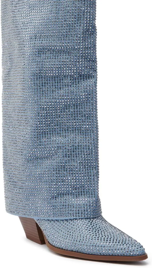 sexytag Women's Sparkly Rhinestone Cowboy Western Denim Boots Knee High Pointed Toe Pull-On Jean Boots