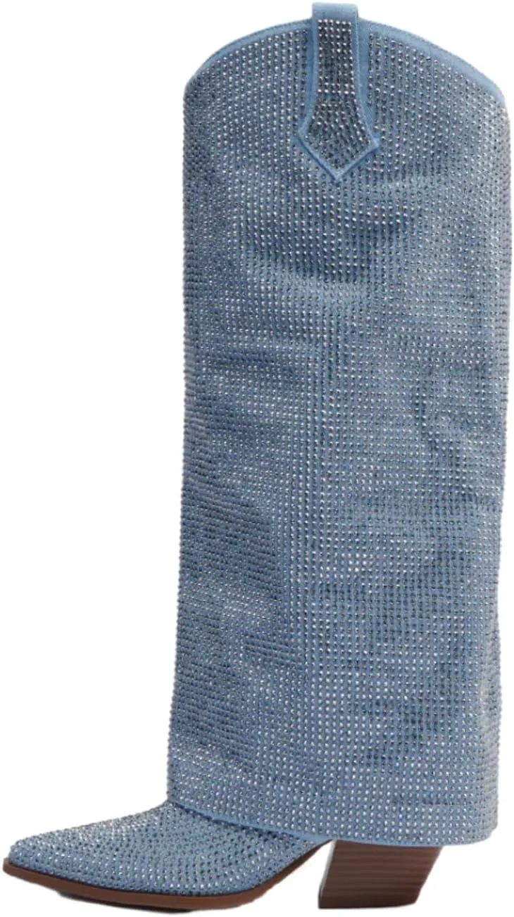 sexytag Women's Sparkly Rhinestone Cowboy Western Denim Boots Knee High Pointed Toe Pull-On Jean Boots