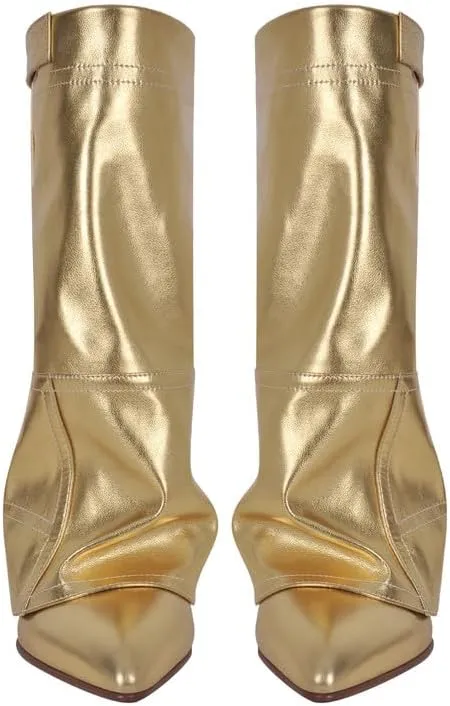 sexytag Women's Wedge Heel Fold Over Boots Pointed Toe Western Cowboy Pull-On Ankle Short Boots