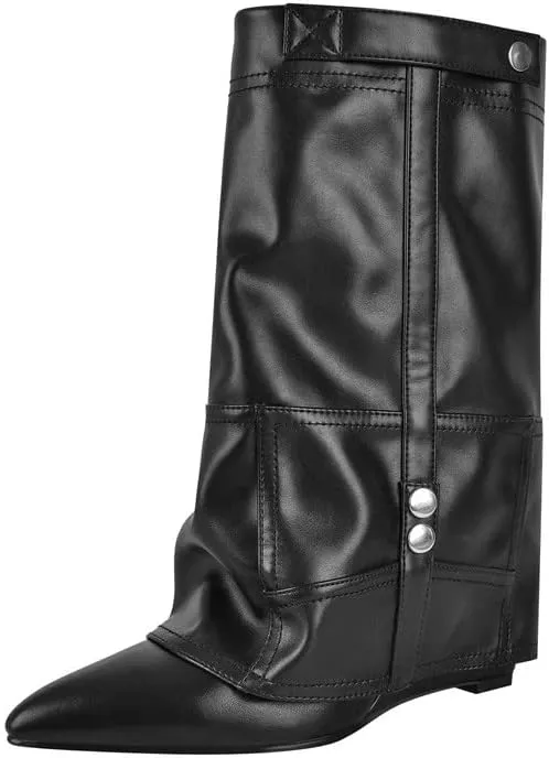 sexytag Women's Wedge Heel Fold Over Boots Pointed Toe Western Cowboy Pull-On Ankle Short Boots