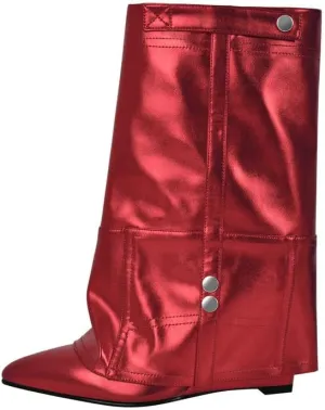 sexytag Women's Wedge Heel Fold Over Boots Pointed Toe Western Cowboy Pull-On Ankle Short Boots