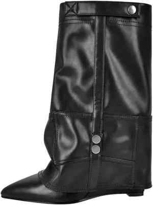 sexytag Women's Wedge Heel Fold Over Boots Pointed Toe Western Cowboy Pull-On Ankle Short Boots