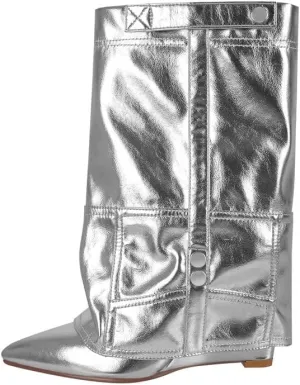 sexytag Women's Wedge Heel Fold Over Boots Pointed Toe Western Cowboy Pull-On Ankle Short Boots