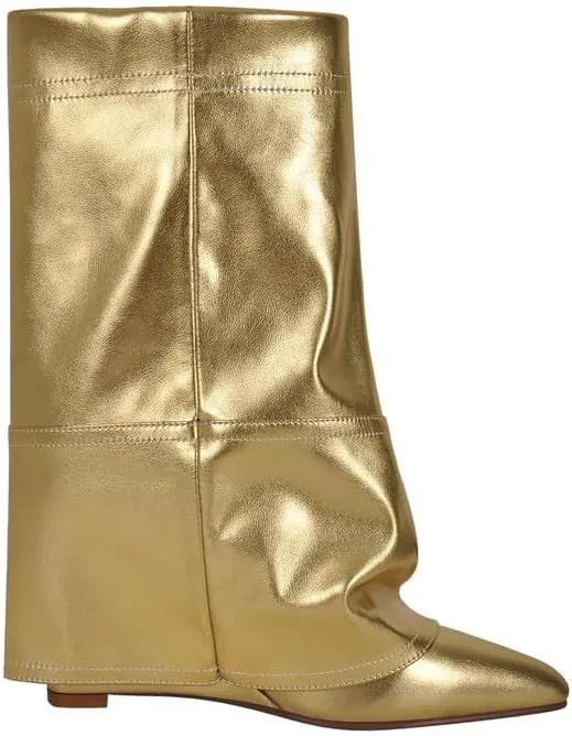 sexytag Women's Wedge Heel Fold Over Boots Pointed Toe Western Cowboy Pull-On Ankle Short Boots