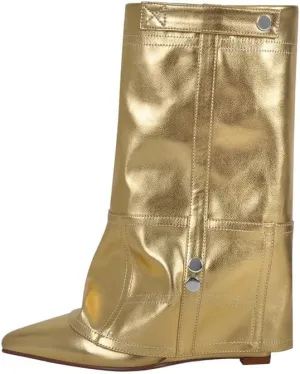 sexytag Women's Wedge Heel Fold Over Boots Pointed Toe Western Cowboy Pull-On Ankle Short Boots