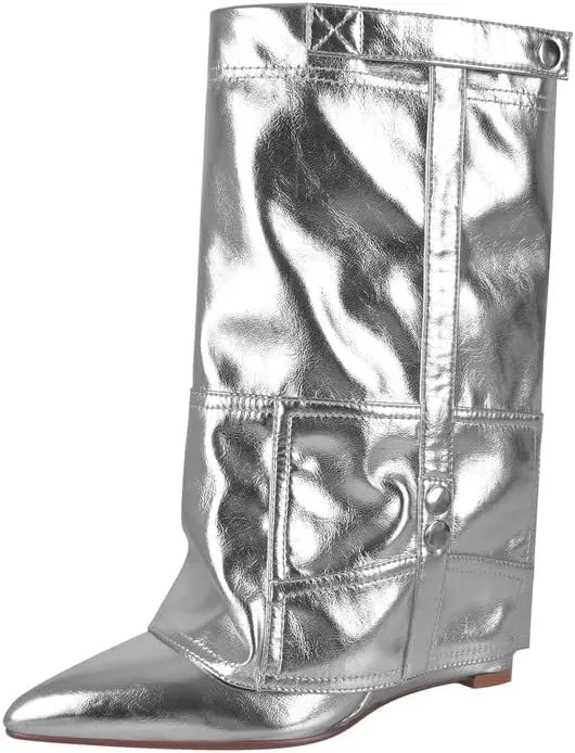sexytag Women's Wedge Heel Fold Over Boots Pointed Toe Western Cowboy Pull-On Ankle Short Boots