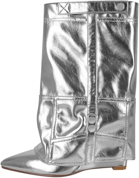sexytag Women's Wedge Heel Fold Over Boots Pointed Toe Western Cowboy Pull-On Ankle Short Boots