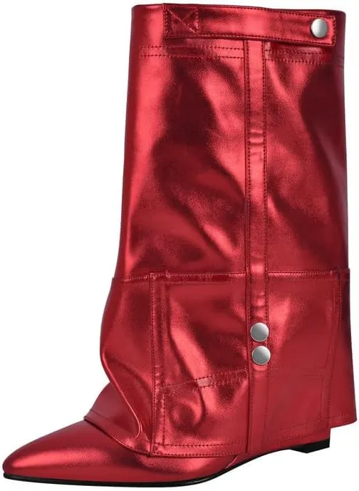 sexytag Women's Wedge Heel Fold Over Boots Pointed Toe Western Cowboy Pull-On Ankle Short Boots