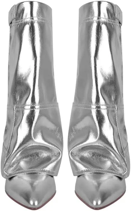 sexytag Women's Wedge Heel Fold Over Boots Pointed Toe Western Cowboy Pull-On Ankle Short Boots