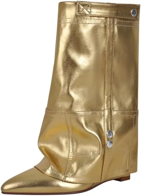 sexytag Women's Wedge Heel Fold Over Boots Pointed Toe Western Cowboy Pull-On Ankle Short Boots