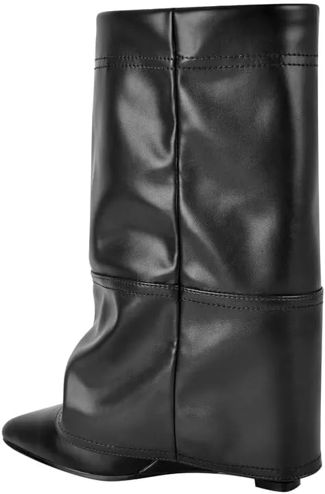 sexytag Women's Wedge Heel Fold Over Boots Pointed Toe Western Cowboy Pull-On Ankle Short Boots