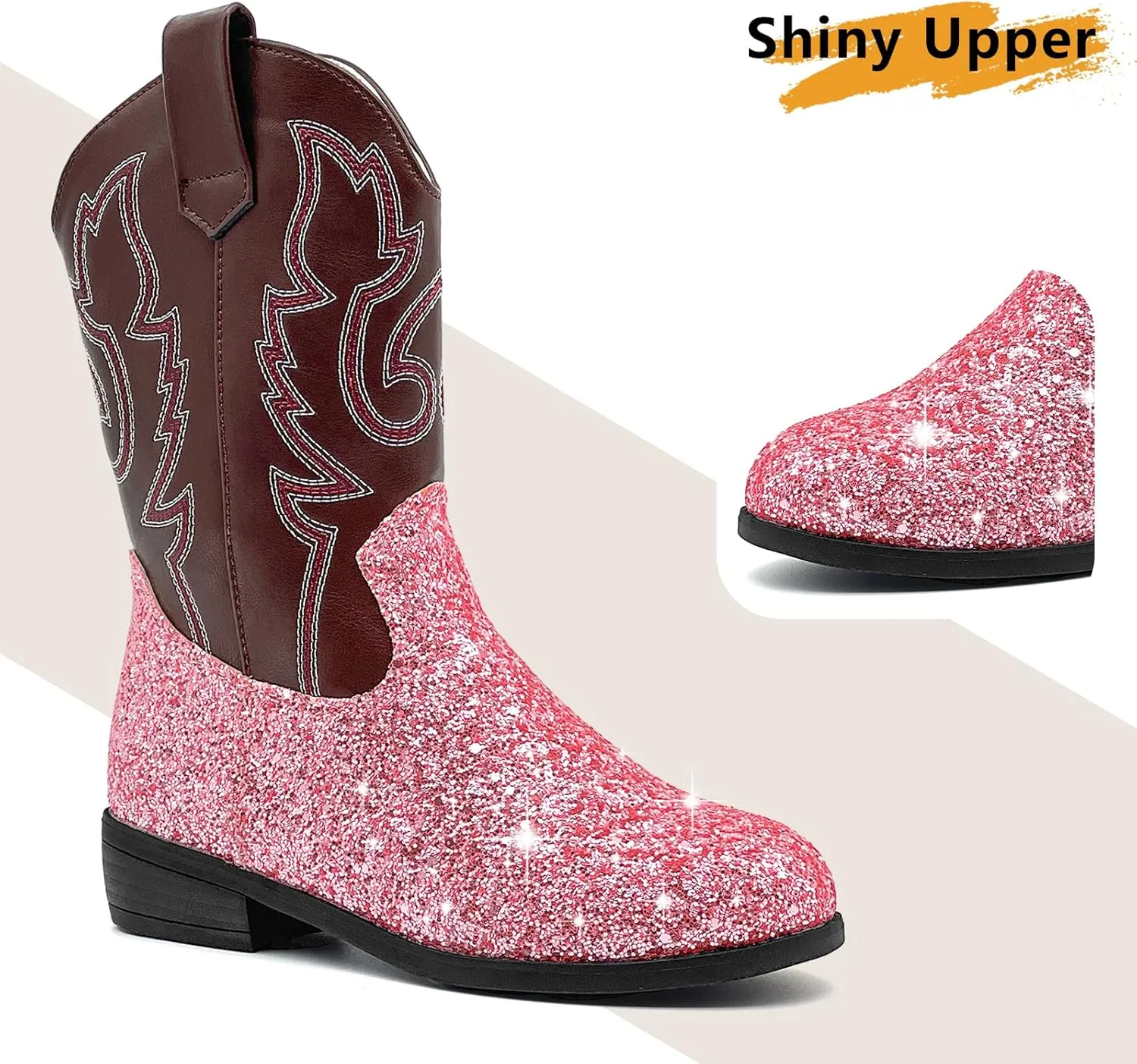 sharllen Kids Girls Cowgirl Boots Western Glitter Cowboy Boot Unisex-Child Mid-Calf Pointed-Toe Toddler Cowboy Boot Little Kids Big Kid Horse Riding Shoes Party Birthday Dress Up