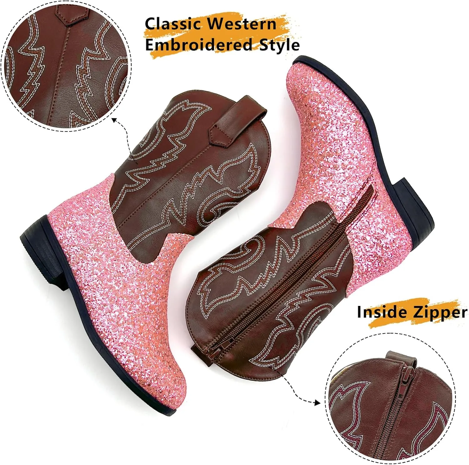 sharllen Kids Girls Cowgirl Boots Western Glitter Cowboy Boot Unisex-Child Mid-Calf Pointed-Toe Toddler Cowboy Boot Little Kids Big Kid Horse Riding Shoes Party Birthday Dress Up