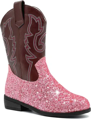 sharllen Kids Girls Cowgirl Boots Western Glitter Cowboy Boot Unisex-Child Mid-Calf Pointed-Toe Toddler Cowboy Boot Little Kids Big Kid Horse Riding Shoes Party Birthday Dress Up