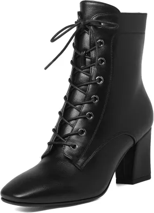 SHEMEE Women's Block Heels Ankle Booties Square Toe Chunky Heel Side Zipper Short Boots