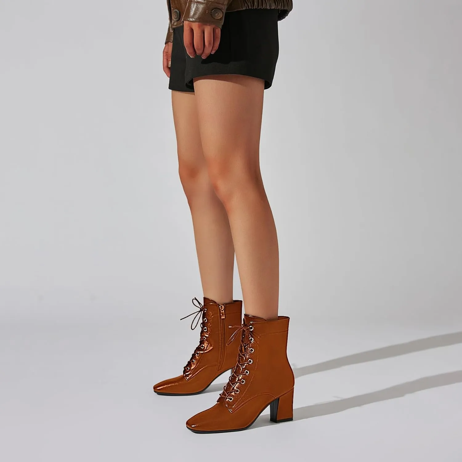 SHEMEE Women's Block Heels Ankle Booties Square Toe Chunky Heel Side Zipper Short Boots