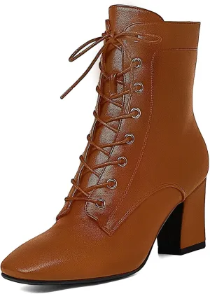 SHEMEE Women's Block Heels Ankle Booties Square Toe Chunky Heel Side Zipper Short Boots