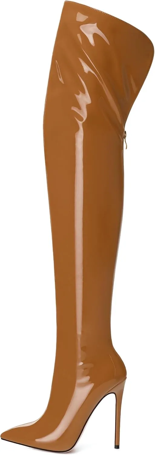 SHOWFOREST Over the Knee Boots for Women Stiletto High Heels Pointed Toe Patent Leather 4.7 Inch Fall Boots with Zipper Sexy Fashion Dance Party Long Boot Shoes