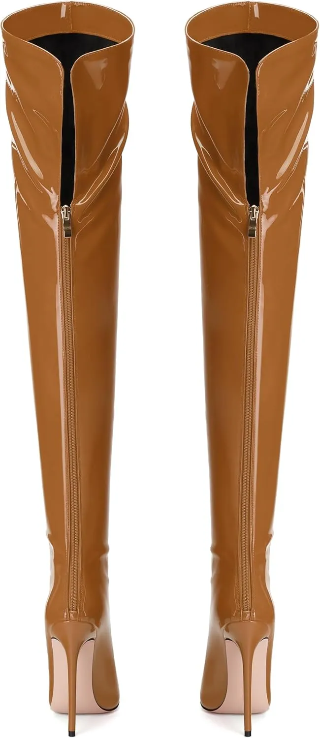SHOWFOREST Over the Knee Boots for Women Stiletto High Heels Pointed Toe Patent Leather 4.7 Inch Fall Boots with Zipper Sexy Fashion Dance Party Long Boot Shoes