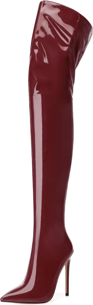 SHOWFOREST Over the Knee Boots for Women Stiletto High Heels Pointed Toe Patent Leather 4.7 Inch Fall Boots with Zipper Sexy Fashion Dance Party Long Boot Shoes