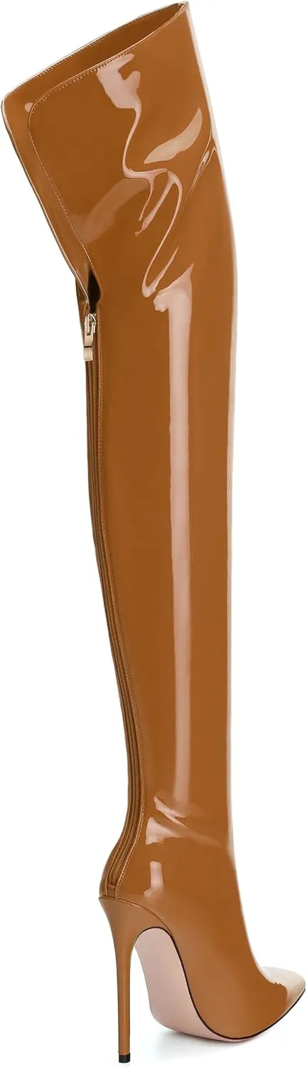SHOWFOREST Over the Knee Boots for Women Stiletto High Heels Pointed Toe Patent Leather 4.7 Inch Fall Boots with Zipper Sexy Fashion Dance Party Long Boot Shoes