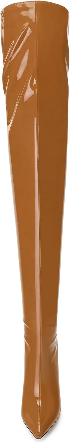 SHOWFOREST Over the Knee Boots for Women Stiletto High Heels Pointed Toe Patent Leather 4.7 Inch Fall Boots with Zipper Sexy Fashion Dance Party Long Boot Shoes