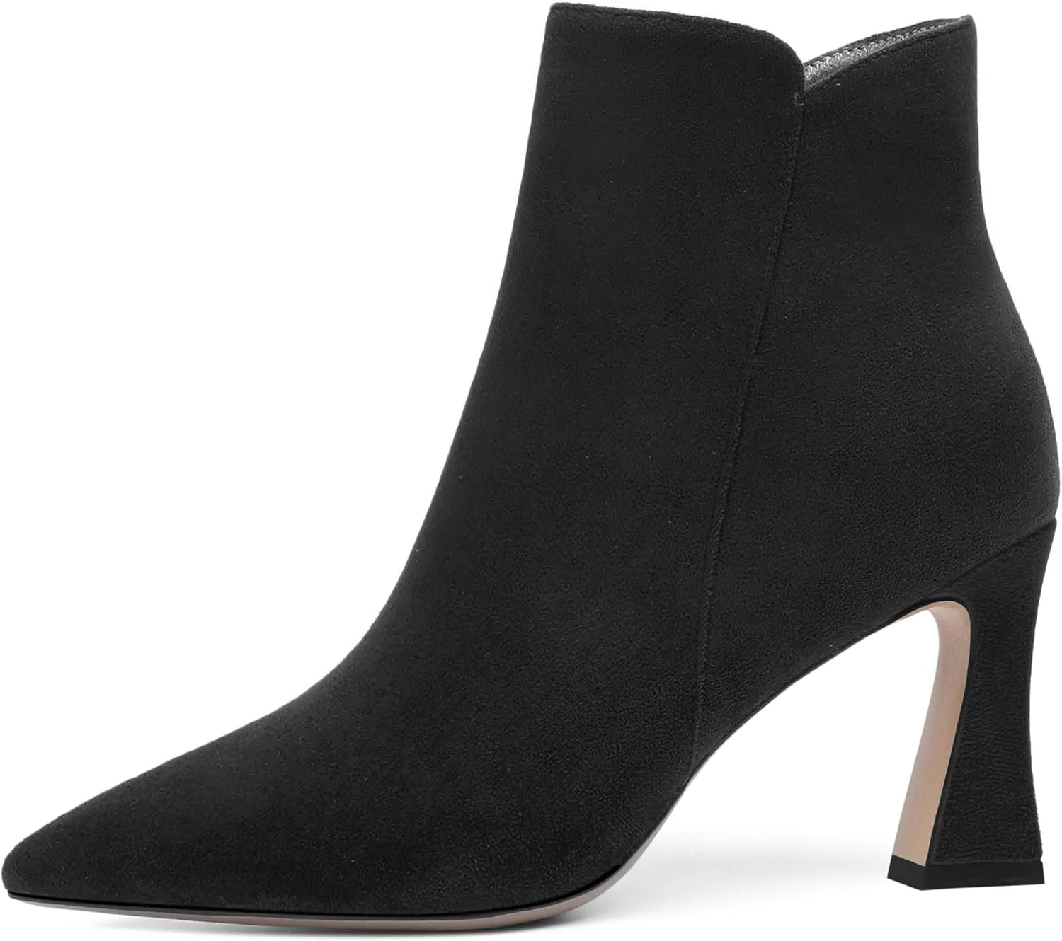 SHOWFOREST Womens Suede Cold Weather Pointed Toe Zip Solid Spool High Heel Ankle High Boots 3.3 Inch