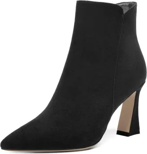 SHOWFOREST Womens Suede Cold Weather Pointed Toe Zip Solid Spool High Heel Ankle High Boots 3.3 Inch
